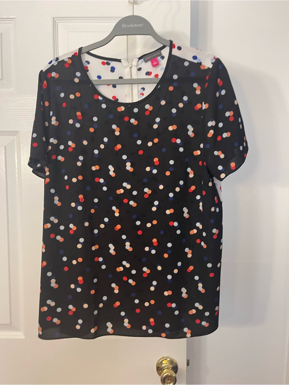 Vince Camuto Black Blouse with Red, Blue, Cream & Tan Dot Print